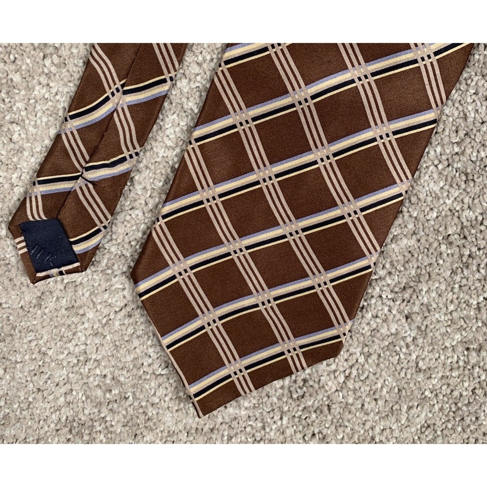UMO LORENZO Italy Men's Neck Tie 100% Silk Brown Plaid 65 X‎ 4 Extra Long